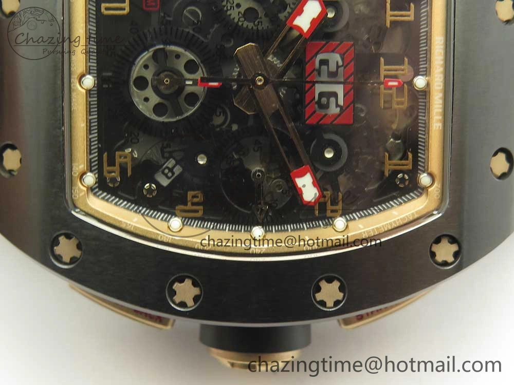 SunProtective RM011 Real Ceramic Case Chronograph KVF 1:1 Best Edition Crystal Skeleton Dial Gold Markers on Black Rubber Strap A 9468