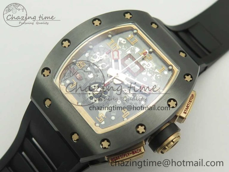 SunProtective RM011 Real Ceramic Case Chronograph KVF 1:1 Best Edition Crystal Skeleton Dial Gold Markers on Black Rubber Strap A 9468