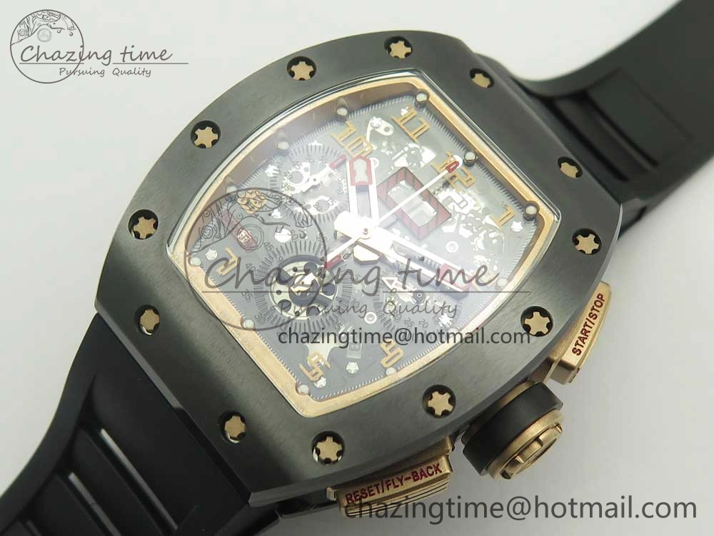 SunProtective RM011 Real Ceramic Case Chronograph KVF 1:1 Best Edition Crystal Skeleton Dial Gold Markers on Black Rubber Strap A 9468