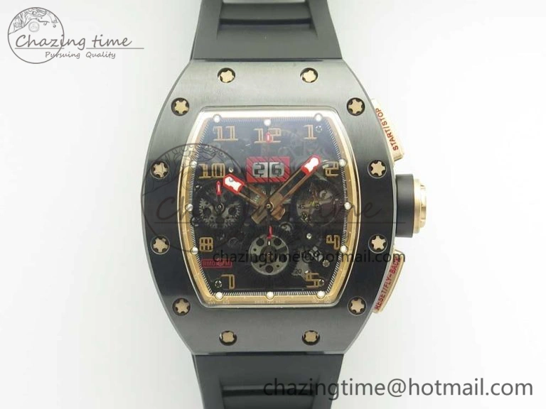 SunProtective RM011 Real Ceramic Case Chronograph KVF 1:1 Best Edition Crystal Skeleton Dial Gold Markers on Black Rubber Strap A 9468
