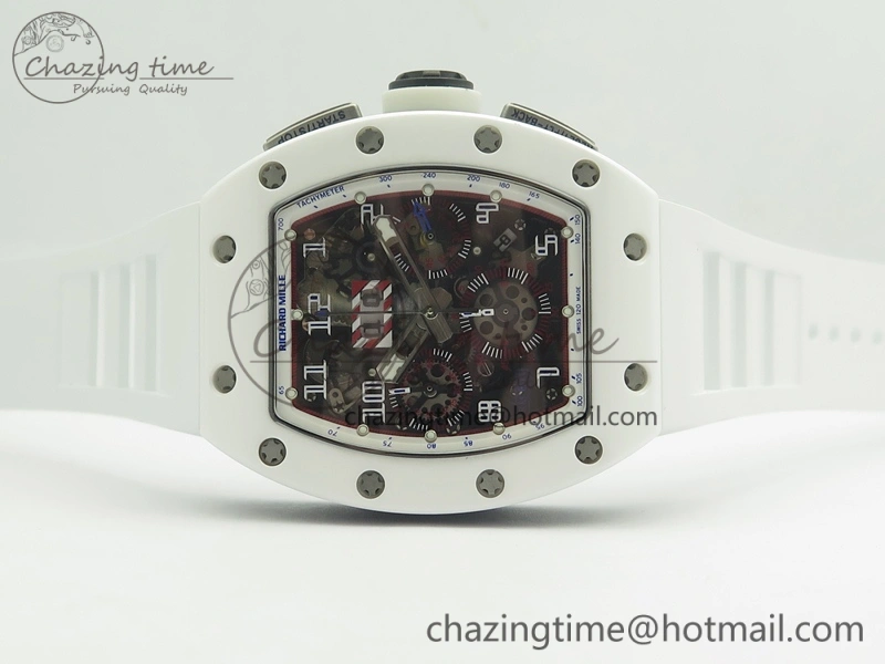 Bright RM011 Real White Ceramic Case Chrono KVF 1:1 Best Edition Crystal Skeleton Dial Blue Markers On Rubber Strap A 9484