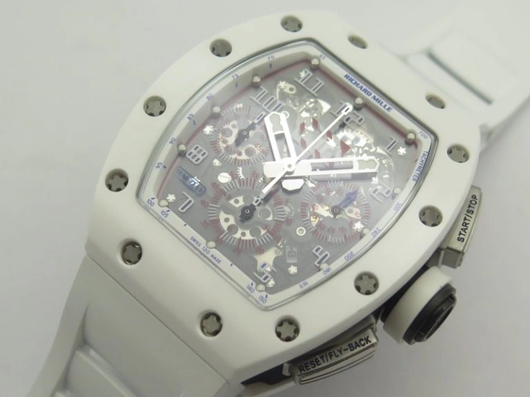 Bright RM011 Real White Ceramic Case Chrono KVF 1:1 Best Edition Crystal Skeleton Dial Blue Markers On Rubber Strap A 9484