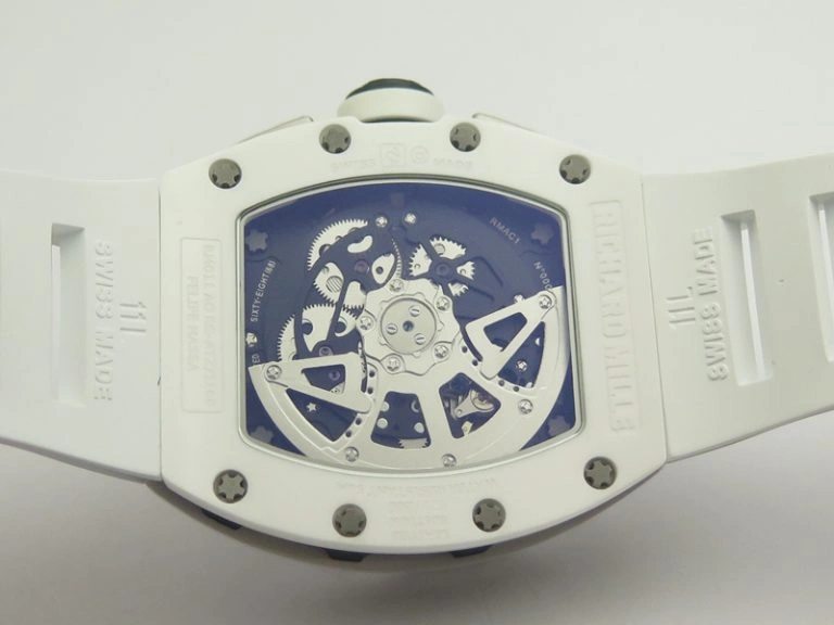Bright RM011 Real White Ceramic Case Chrono KVF 1:1 Best Edition Crystal Skeleton Dial Blue Markers On Rubber Strap A 9484