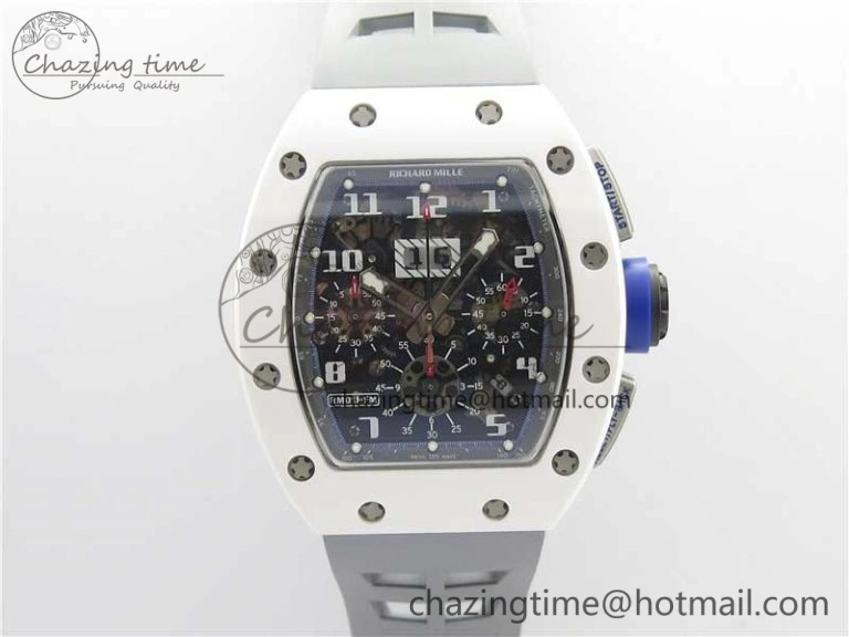 RM011 Real White Ceramic Chronograph KVF 1:1 Best Edition Crystal Skeleton Dial Blue on Gray Rubber Strap A ZipUp 9456