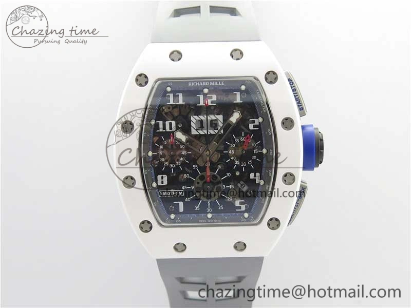 RM011 Real White Ceramic Chronograph KVF 1:1 Best Edition Crystal Skeleton Dial Blue on Gray Rubber Strap A ZipUp 9456