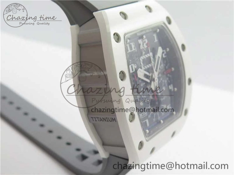 RM011 Real White Ceramic Chronograph KVF 1:1 Best Edition Crystal Skeleton Dial Blue on Gray Rubber Strap A ZipUp 9456