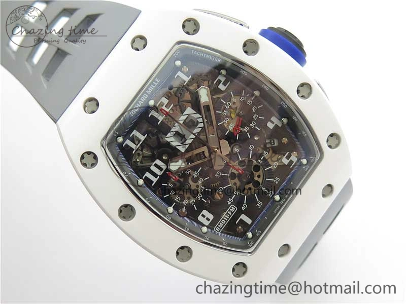 RM011 Real White Ceramic Chronograph KVF 1:1 Best Edition Crystal Skeleton Dial Blue on Gray Rubber Strap A ZipUp 9456