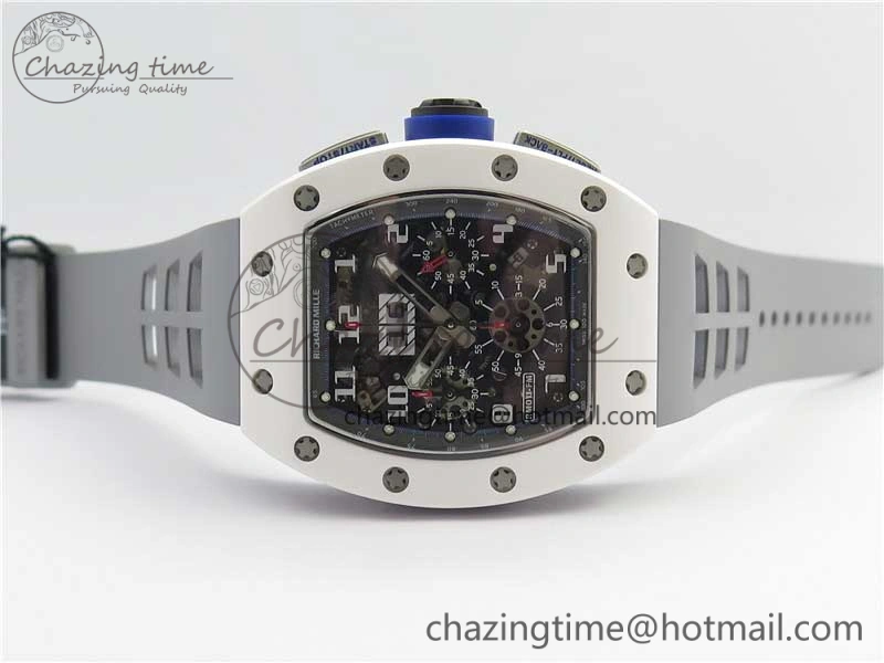 RM011 Real White Ceramic Chronograph KVF 1:1 Best Edition Crystal Skeleton Dial Blue on Gray Rubber Strap A ZipUp 9456