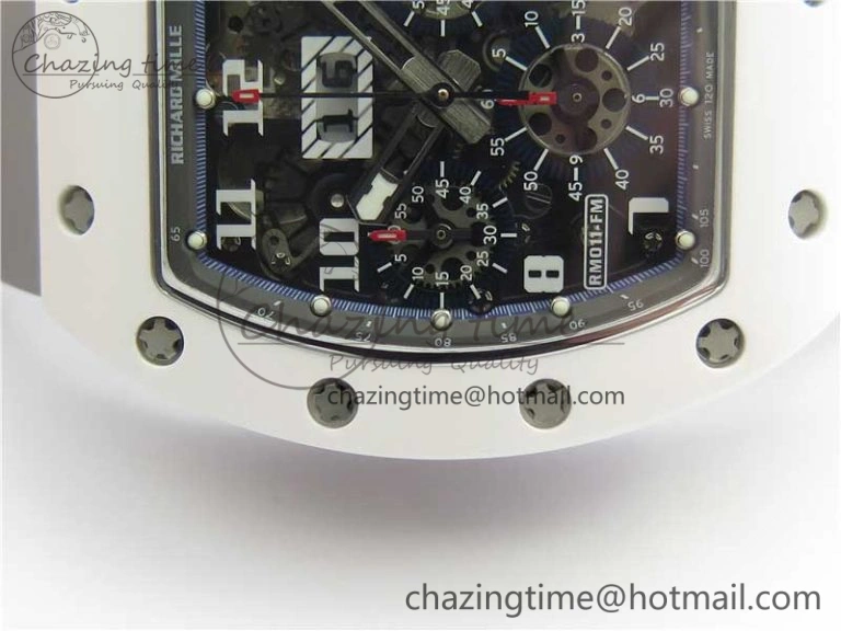 RM011 Real White Ceramic Chronograph KVF 1:1 Best Edition Crystal Skeleton Dial Blue on Gray Rubber Strap A ZipUp 9456
