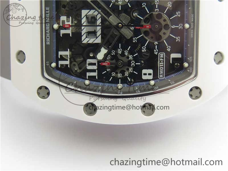 RM011 Real White Ceramic Chronograph KVF 1:1 Best Edition Crystal Skeleton Dial Blue on Gray Rubber Strap A ZipUp 9456