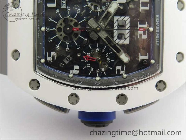 RM011 Real White Ceramic Chronograph KVF 1:1 Best Edition Crystal Skeleton Dial Blue on Gray Rubber Strap A ZipUp 9456