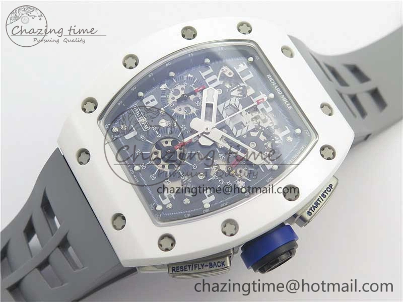 RM011 Real White Ceramic Chronograph KVF 1:1 Best Edition Crystal Skeleton Dial Blue on Gray Rubber Strap A ZipUp 9456