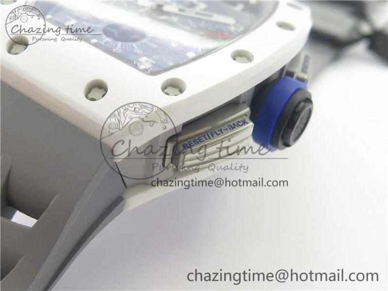 RM011 Real White Ceramic Chronograph KVF 1:1 Best Edition Crystal Skeleton Dial Blue on Gray Rubber Strap A ZipUp 9456
