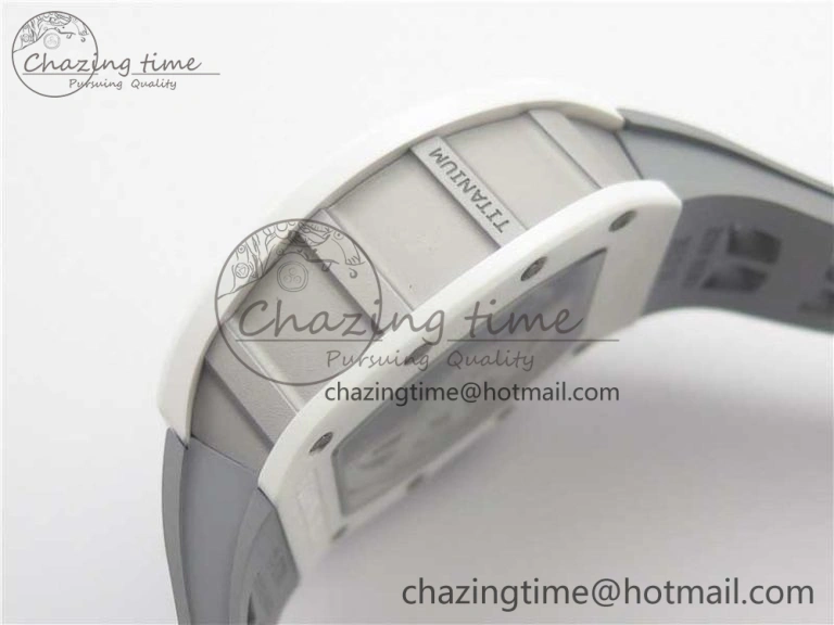 RM011 Real White Ceramic Chronograph KVF 1:1 Best Edition Crystal Skeleton Dial Blue on Gray Rubber Strap A ZipUp 9456