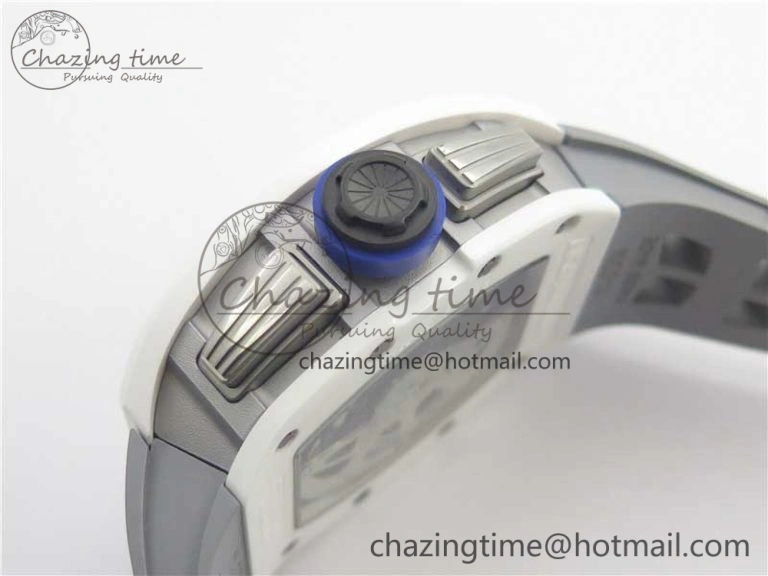 RM011 Real White Ceramic Chronograph KVF 1:1 Best Edition Crystal Skeleton Dial Blue on Gray Rubber Strap A ZipUp 9456