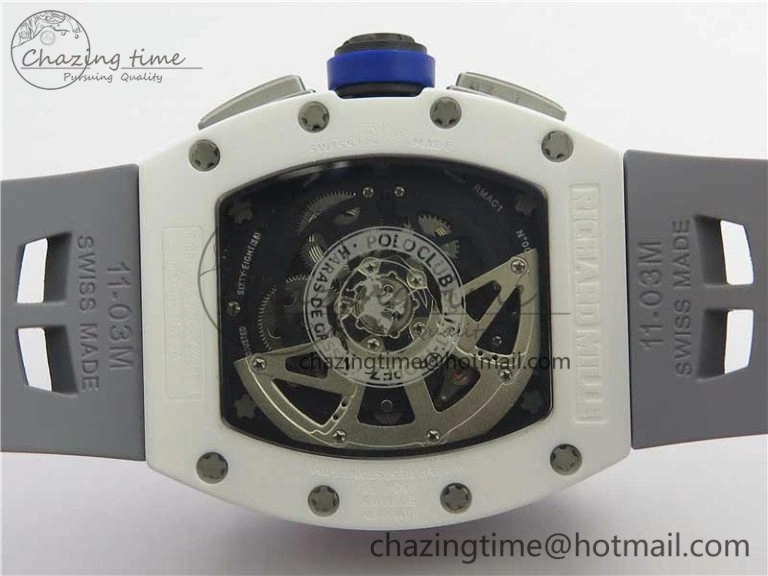 RM011 Real White Ceramic Chronograph KVF 1:1 Best Edition Crystal Skeleton Dial Blue on Gray Rubber Strap A ZipUp 9456