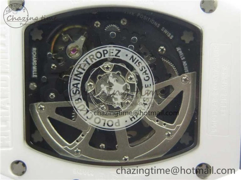 RM011 Real White Ceramic Chronograph KVF 1:1 Best Edition Crystal Skeleton Dial Blue on Gray Rubber Strap A ZipUp 9456