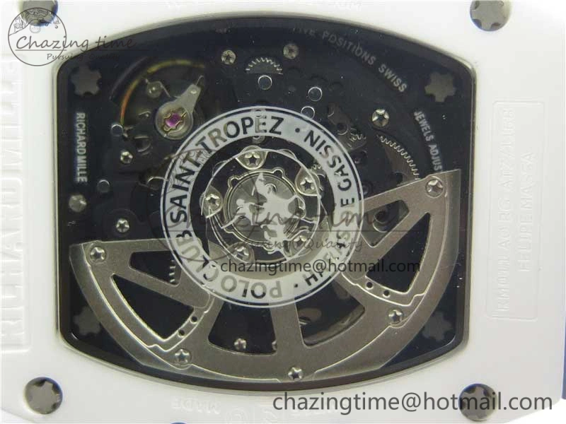 RM011 Real White Ceramic Chronograph KVF 1:1 Best Edition Crystal Skeleton Dial Blue on Gray Rubber Strap A ZipUp 9456