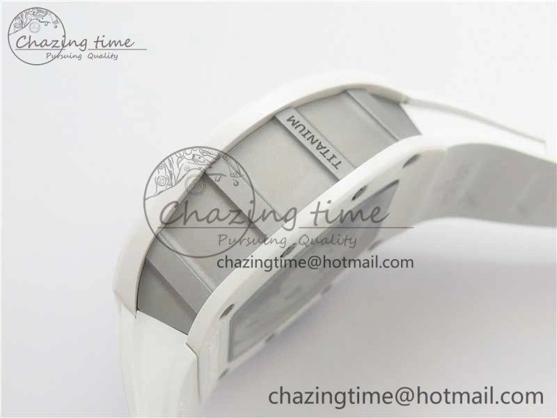 Original RM011 Real White Ceramic Chronograph KVF 1:1 Best Edition Crystal Skeleton Dial Blue on White Rubber Strap A 9455