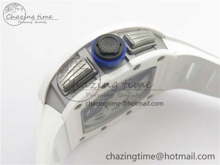 Original RM011 Real White Ceramic Chronograph KVF 1:1 Best Edition Crystal Skeleton Dial Blue on White Rubber Strap A 9455