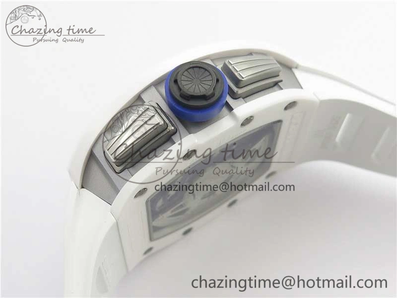 Original RM011 Real White Ceramic Chronograph KVF 1:1 Best Edition Crystal Skeleton Dial Blue on White Rubber Strap A 9455