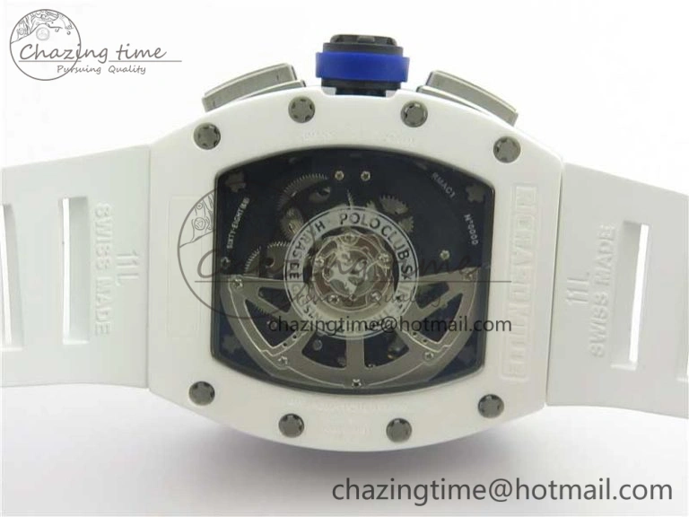 Original RM011 Real White Ceramic Chronograph KVF 1:1 Best Edition Crystal Skeleton Dial Blue on White Rubber Strap A 9455