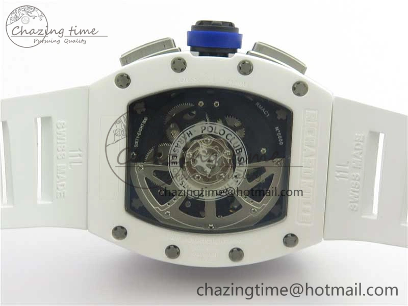 Original RM011 Real White Ceramic Chronograph KVF 1:1 Best Edition Crystal Skeleton Dial Blue on White Rubber Strap A 9455
