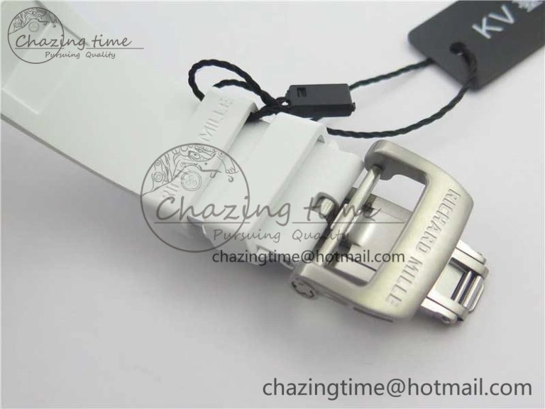 Original RM011 Real White Ceramic Chronograph KVF 1:1 Best Edition Crystal Skeleton Dial Blue on White Rubber Strap A 9455