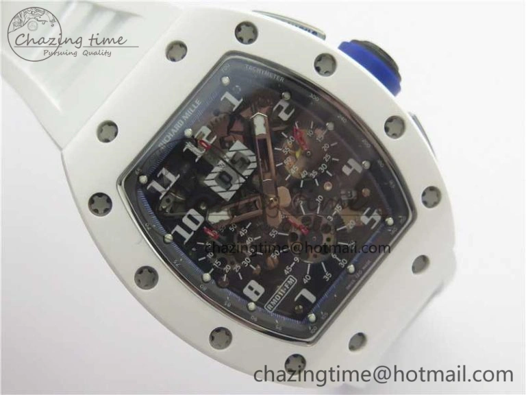 Original RM011 Real White Ceramic Chronograph KVF 1:1 Best Edition Crystal Skeleton Dial Blue on White Rubber Strap A 9455