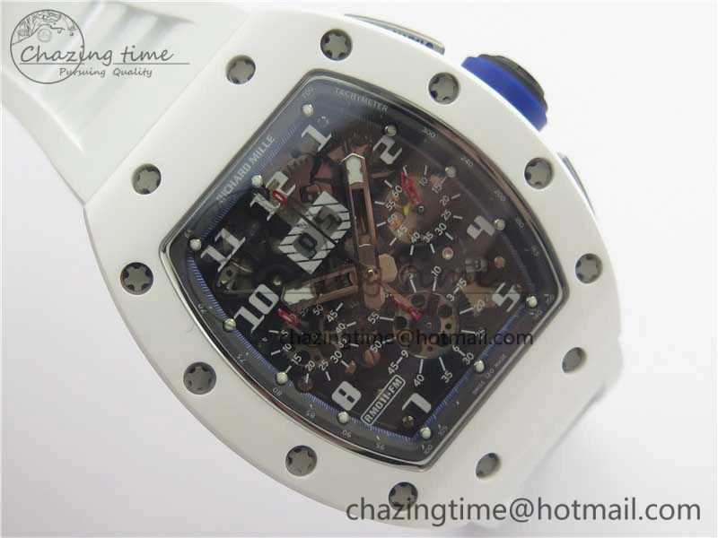 Original RM011 Real White Ceramic Chronograph KVF 1:1 Best Edition Crystal Skeleton Dial Blue on White Rubber Strap A 9455