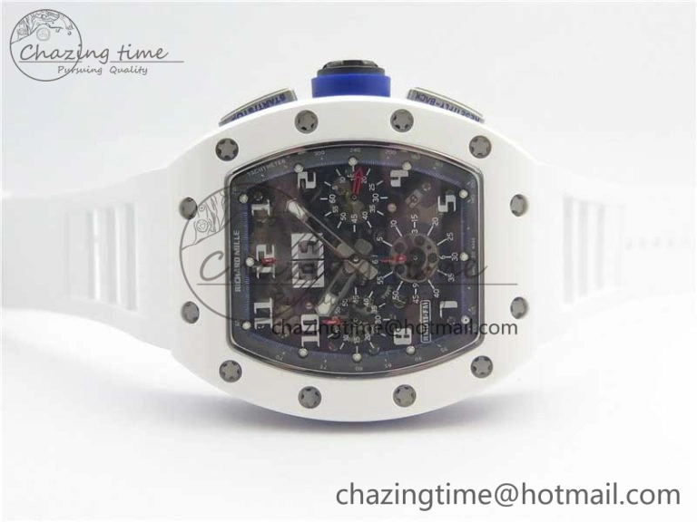 Original RM011 Real White Ceramic Chronograph KVF 1:1 Best Edition Crystal Skeleton Dial Blue on White Rubber Strap A 9455