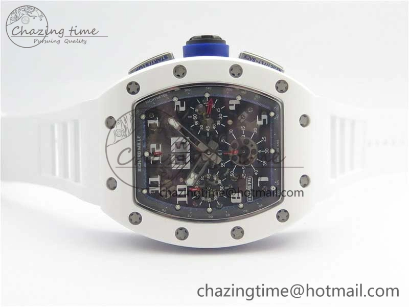 Original RM011 Real White Ceramic Chronograph KVF 1:1 Best Edition Crystal Skeleton Dial Blue on White Rubber Strap A 9455