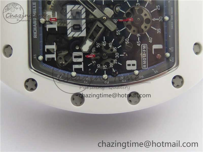 Original RM011 Real White Ceramic Chronograph KVF 1:1 Best Edition Crystal Skeleton Dial Blue on White Rubber Strap A 9455