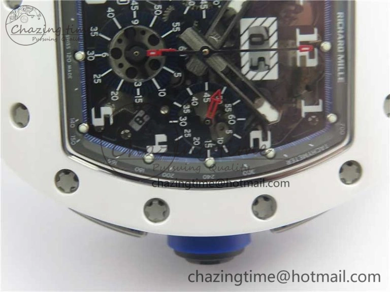 Original RM011 Real White Ceramic Chronograph KVF 1:1 Best Edition Crystal Skeleton Dial Blue on White Rubber Strap A 9455