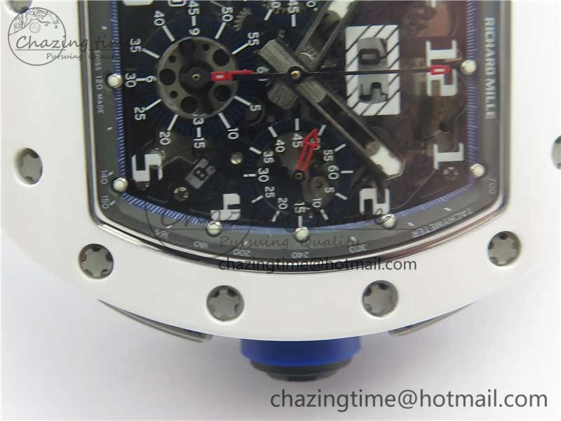 Original RM011 Real White Ceramic Chronograph KVF 1:1 Best Edition Crystal Skeleton Dial Blue on White Rubber Strap A 9455