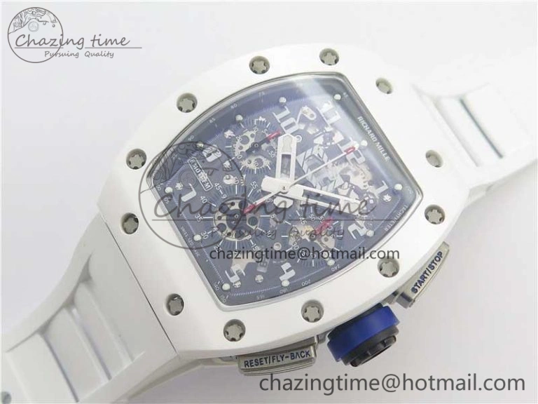 Original RM011 Real White Ceramic Chronograph KVF 1:1 Best Edition Crystal Skeleton Dial Blue on White Rubber Strap A 9455