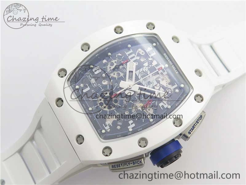 Original RM011 Real White Ceramic Chronograph KVF 1:1 Best Edition Crystal Skeleton Dial Blue on White Rubber Strap A 9455
