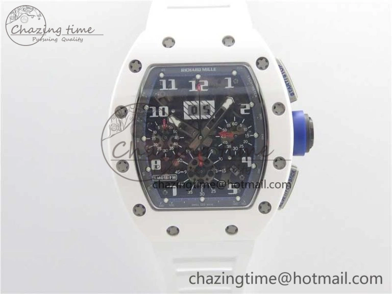 Original RM011 Real White Ceramic Chronograph KVF 1:1 Best Edition Crystal Skeleton Dial Blue on White Rubber Strap A 9455