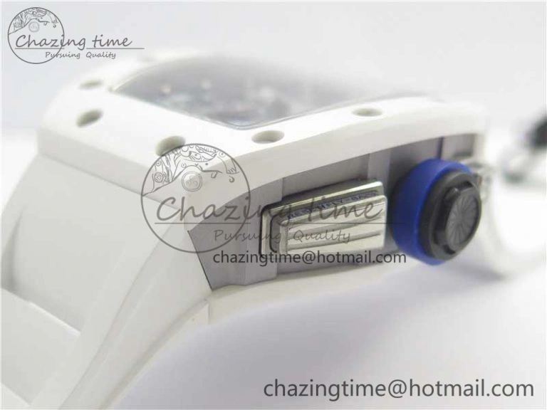Original RM011 Real White Ceramic Chronograph KVF 1:1 Best Edition Crystal Skeleton Dial Blue on White Rubber Strap A 9455