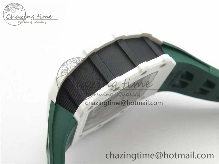 RM011 Real White Ceramic Chronograph KVF 1:1 Best Edition Crystal Skeleton Dial Green on Rubber Strap A ModernLook 9460