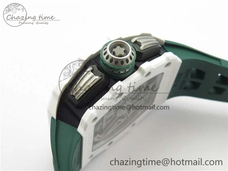 RM011 Real White Ceramic Chronograph KVF 1:1 Best Edition Crystal Skeleton Dial Green on Rubber Strap A ModernLook 9460