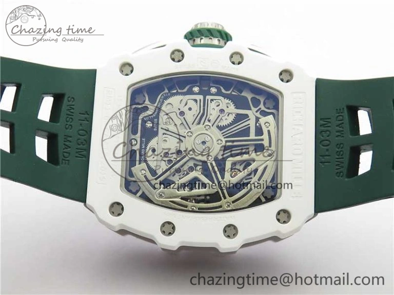RM011 Real White Ceramic Chronograph KVF 1:1 Best Edition Crystal Skeleton Dial Green on Rubber Strap A ModernLook 9460