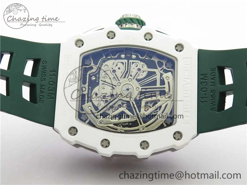 RM011 Real White Ceramic Chronograph KVF 1:1 Best Edition Crystal Skeleton Dial Green on Rubber Strap A ModernLook 9460
