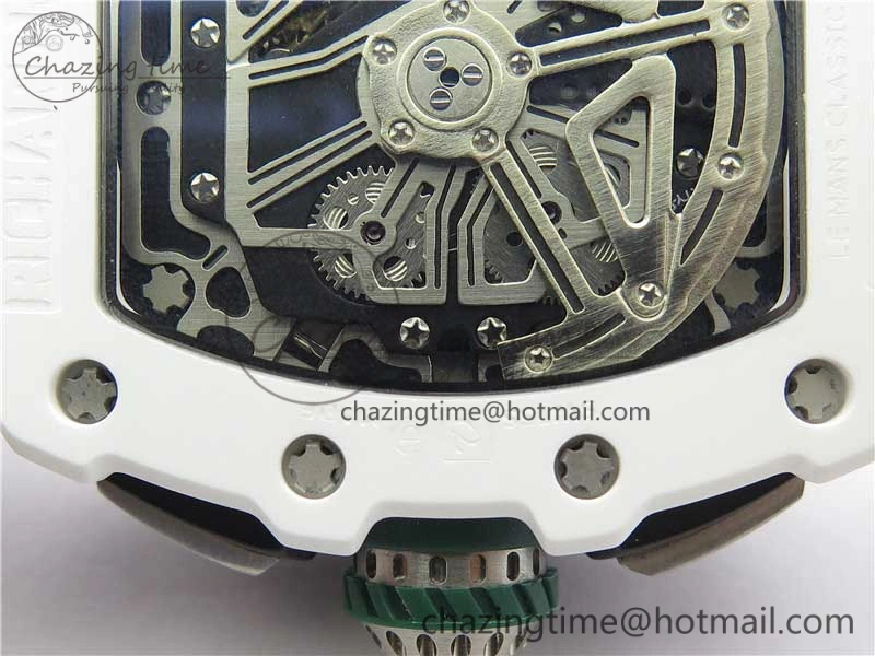 RM011 Real White Ceramic Chronograph KVF 1:1 Best Edition Crystal Skeleton Dial Green on Rubber Strap A ModernLook 9460