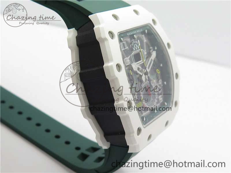 RM011 Real White Ceramic Chronograph KVF 1:1 Best Edition Crystal Skeleton Dial Green on Rubber Strap A ModernLook 9460