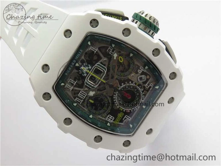 RM011 Real White Ceramic Chronograph KVF 1:1 Best Edition Crystal Skeleton Dial Green on Rubber Strap A ModernLook 9460