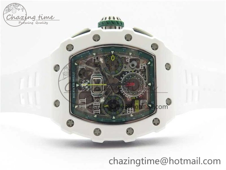 RM011 Real White Ceramic Chronograph KVF 1:1 Best Edition Crystal Skeleton Dial Green on Rubber Strap A ModernLook 9460