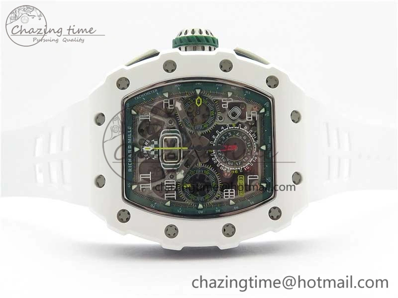RM011 Real White Ceramic Chronograph KVF 1:1 Best Edition Crystal Skeleton Dial Green on Rubber Strap A ModernLook 9460