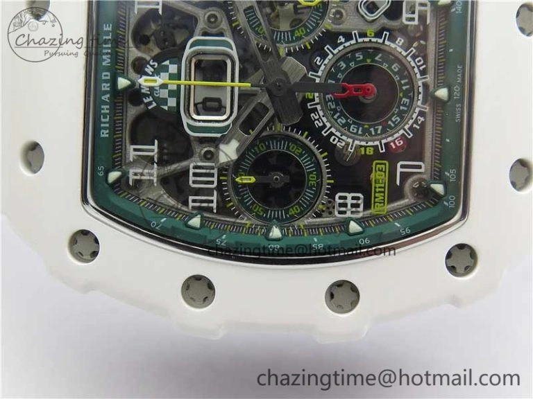 RM011 Real White Ceramic Chronograph KVF 1:1 Best Edition Crystal Skeleton Dial Green on Rubber Strap A ModernLook 9460