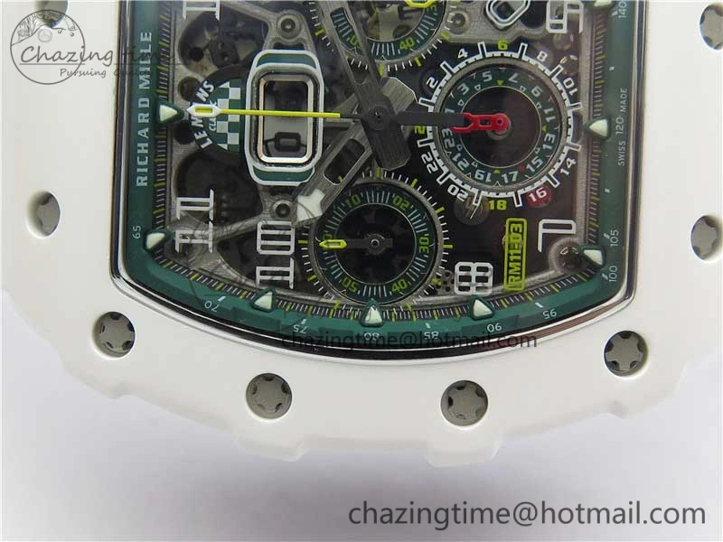 RM011 Real White Ceramic Chronograph KVF 1:1 Best Edition Crystal Skeleton Dial Green on Rubber Strap A ModernLook 9460